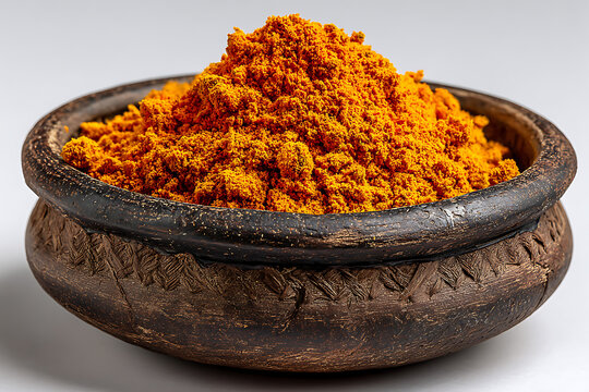 A wooden bowl filled with a vibrant orange powder sits on a plain white surface in silhouette mode is not applicable here