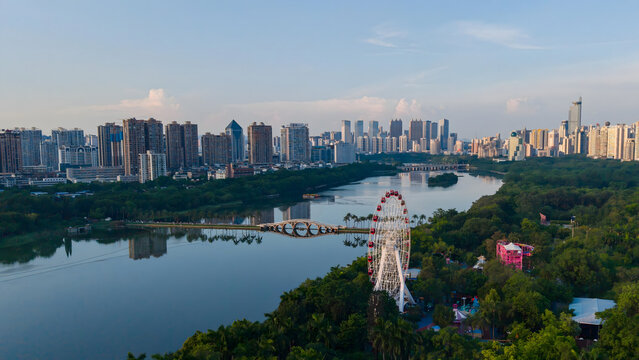 Nanning Cityscape with Ferris Wheel and River Valley Aerial View