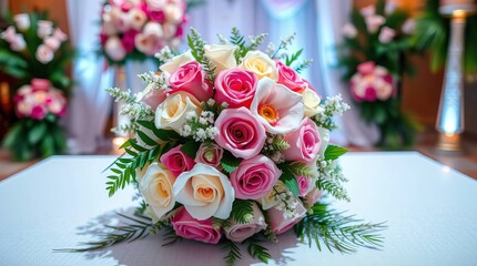 A bright, vibrant, high-resolution stock photo of a luxury wedding d&eacute;cor arrangement and bouquet, exhibiting professional quality and a lively, energetic feel