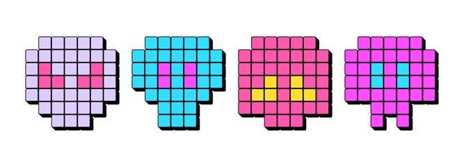 Pixel skull icon set. 3d skull face in pixel art style, retro game icon. Death face and danger, game skull emoticon, gaming digital emoji. Arcade design, vector set