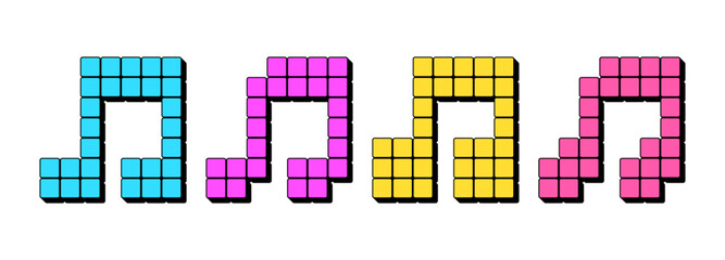 Pixel music note, icon set. 3d music note in pixel art style, gaming sound icon. Melody sign, musical festival, digital music note, sound media. Arcade audio design, vector set