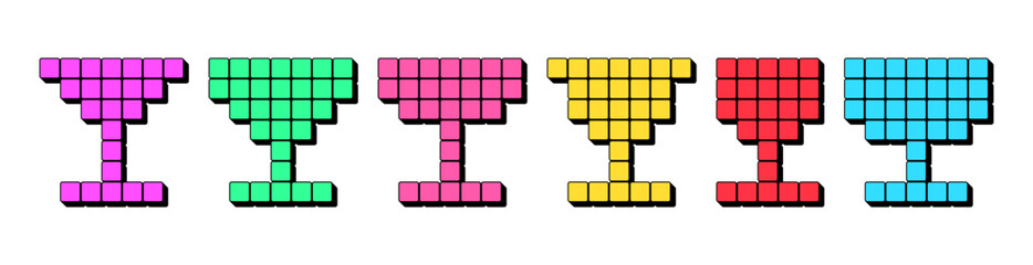 Pixel cocktail glass, icon set. 3d cocktail in pixel art style, retro gaming icon. Martini glass, alcohol bar and cocktail beverage, gaming Pina Colada, digital wine glass for arcade. Vector set