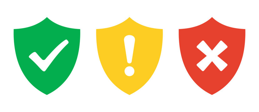 Shield icons set, check marks, exclamation marks, X marks, status symbols for success, warning, failure, protection, security, vector illustration