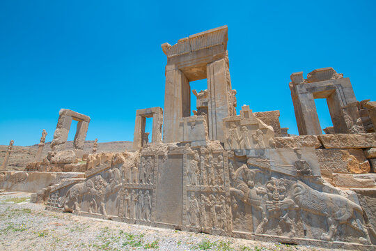 Scenery from ruins of Persepolis, the capital of the Achaemenid Empire later destroyed by Alexander the great. Historical city of Persepolis in Shiraz, Iran.