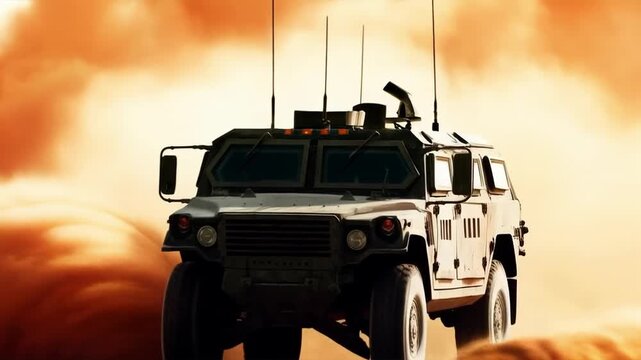 A military all-terrain vehicle kicking up clouds of dust in the desert conveys the tension of conflict zones &mdash; an effective backdrop for news reports and analytical pieces on military operations.
