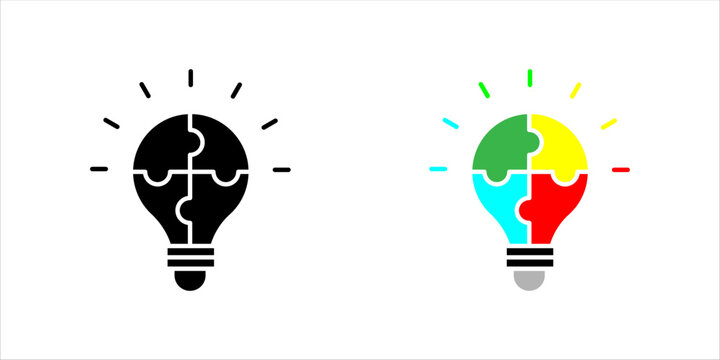 Minimal line icon set. of a light bulb divided into puzzle pieces, representing problem solving, innovation, solutions, and critical thinking.