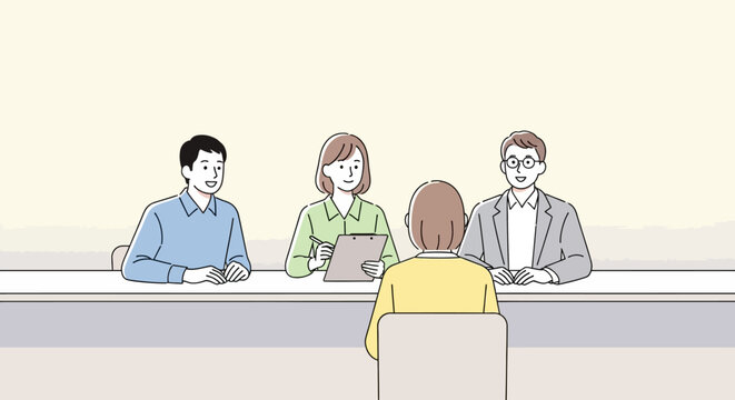 Job interview panel evaluating candidate in a professional setting.