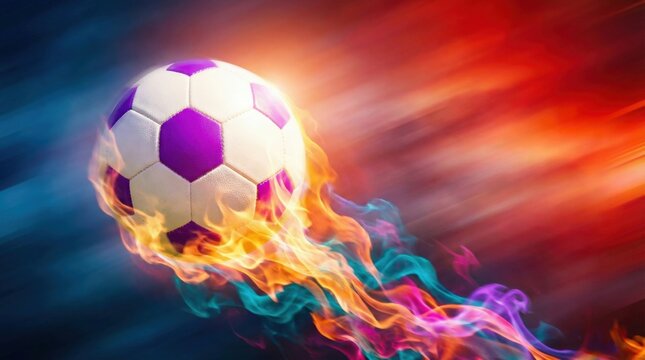 A soccer ball on fire with a colorful background