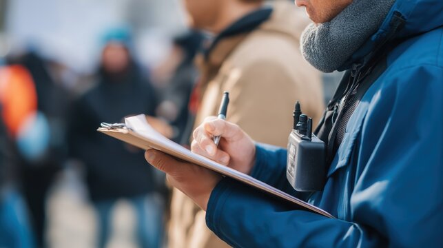 Man taking notes with clipboard while observing crowd in outdoor setting  
