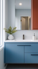 Fototapeta premium Modern bathroom interior with blue cabinetry white countertop integrated sink chrome faucet wall mirror natural daylight and minimal decor creating a fresh contemporary atmosphere