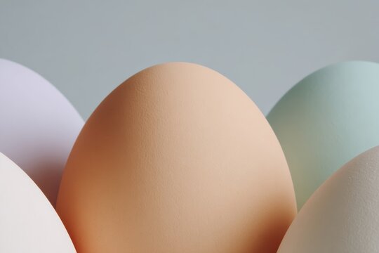 Close view of pastel colored eggs arranged in an abstract editorial layout with soft lighting subtle gradients and a clean minimal visual style