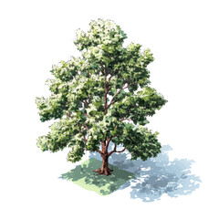 Fototapeta premium Hickory Tree in detailed isometric watercolor art, isolated on a pure white backdrop.