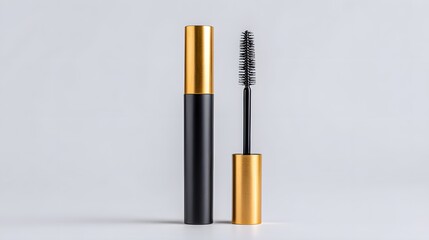 Obraz premium Elegant Black Mascara Tube with Golden Cap and Wand.