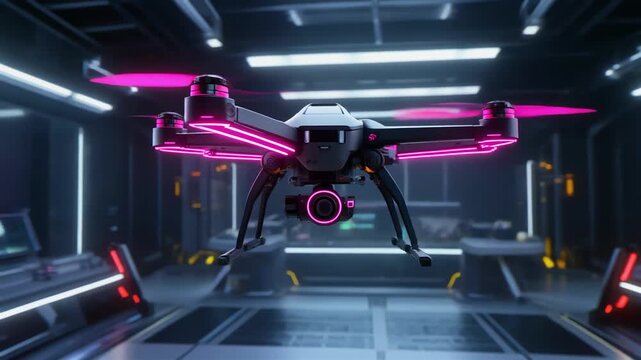 Neon robotic drone rotating mid-air in futuristic lab