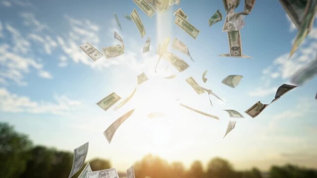 Dollars floating in the air against a sunny sky, captured from a low-angle, video style. Live desktop wallpaper.