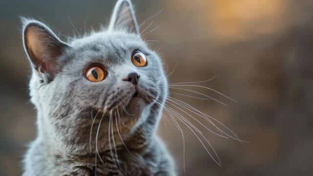 A grey fluffy cat with huge amber eyes and a surprised expression on its face perfectly conveys emotion for advertising pet food or litter, creating an atmospheric backdrop on social media.

