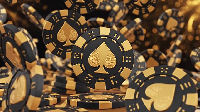 Casino chips in a pile, close-up shot, gold and black poker chips, gambling.