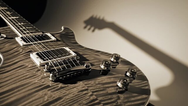 Close-up of a beautiful electric guitar with its shadow on the wall.
