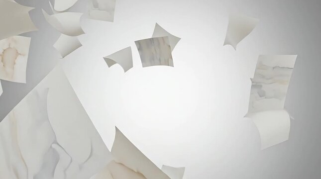 Marble paper pieces flying in air with gray background