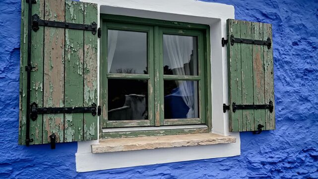 Charming window with green shutters on a vibrant blue wall, exterior view.