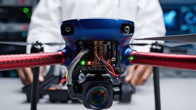 Technician assembling drone components with focused hands, inspecting wiring and camera setup for optimal performance in a technical workspace. modern warfare technologies
