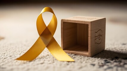 A yellow ribbon and a wooden block symbol for childhood cancer awareness and support.