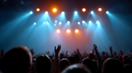 A vibrant concert crowd with hands raised in ecstatic celeb n under dynamic blue and orange stage lighting creating a euphoric atmosphere