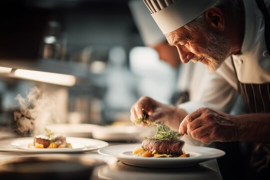 Chef plating steak in restaurant kitchen. Gourmet meat dish preparation. Fine dining culinary craftsmanship. Professional chef at work. Premium restaurant cuisine concept. Food presentation for menu d