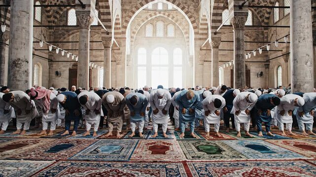 Wide video pan in a grand mosque as rows of muslim men bow and then stand on ornate carpets under soft window light, reverent worship atmosphere