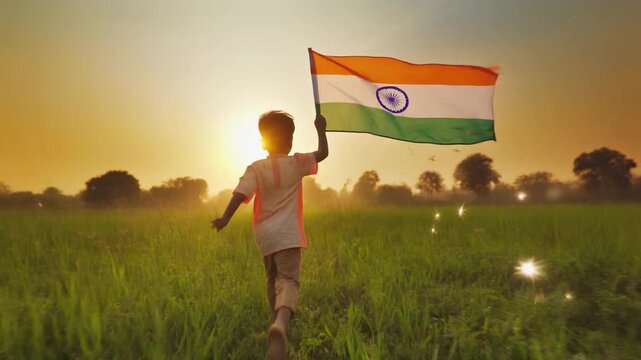 Heartwarming Cinematic Video of Young Indian Child Joyfully Running Outdoors in Golden Sunlight with indian flag in hand Rural India Lifestyle.