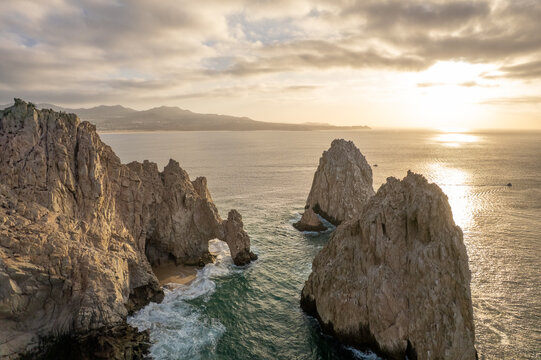 Aerial view of the Arch of Cabo San Lucas, the tip of Baja California Sur, Mexico.