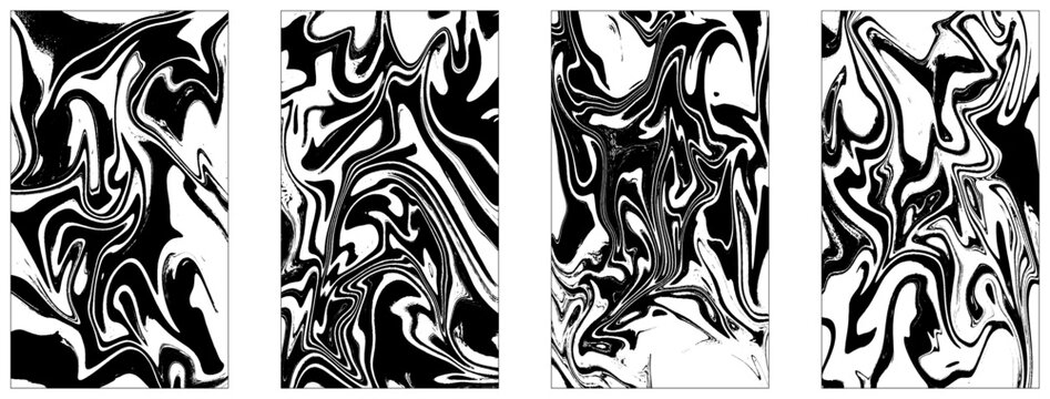 Set of abstract black marble or epoxy textures on a white background. Prints with Graphic Stylish Liquid Ink Stains. Trendy backgrounds