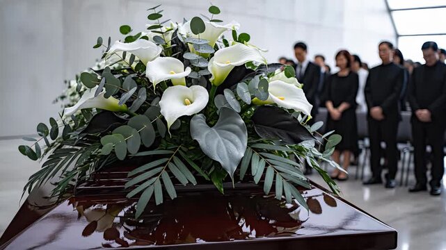 Polished mahogany coffin topped with white calla lilies and eucalyptus, mourners in black stand blurred under soft daylight inside a modern chapel, somber funeral atmosphere