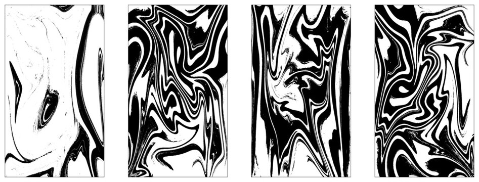 Set of abstract black marble or epoxy textures on a white background. Prints with Graphic Stylish Liquid Ink Stains. Trendy backgrounds