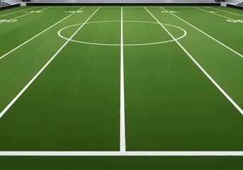 Obraz premium Vibrant green american football field with white yard lines and yard markers empty stadium bright daylight