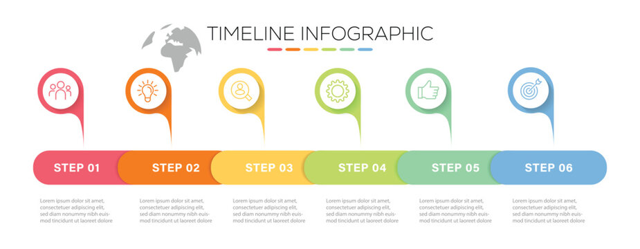 Business infographics for a presentation consisting of 6 steps, stages of achieving a goal. This timeline showcases progress. presentation vector infographic.  eps 10