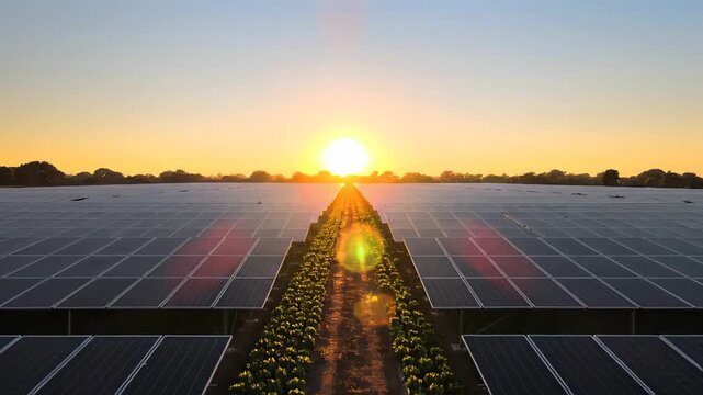 Sunlit agrivoltaics field with green crops between photovoltaic panels sunset, dewy foreground foliage and tree line on distant horizon long perspective view concept of renewable agriculture synergy