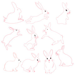 Obraz premium A collection of cute Easter bunnies. Cartoon characters of happy rabbits. Kawaii bunnies for Easter cards, stickers, banners, and packaging design. Vector