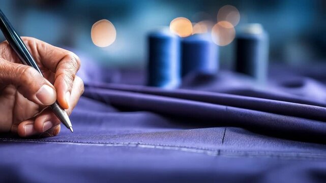 Handheld shot of a tailor marking fabric to take in and alter a dress for custom fitting.