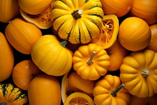 Variety of orange and yellow pumpkins and gourds representing autumn produce