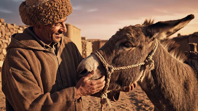 Weathered shepherd laughs while feeding a friendly donkey by mud-brick homes in golden evening light, rough rope and textured coat in foreground, corrals behind, concept of pastoral companionship
