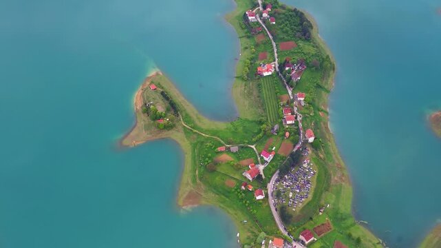 Top down aerial of lake shoreline
