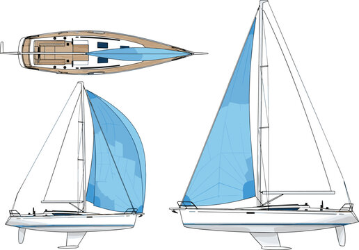 Set of Three Sailboat Illustrations Showing Top and Side Views with Blue Sails, Hull, Mast, and Deck Layout for Marine Design