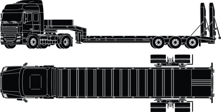 Technical Illustrations of Heavy-Duty Truck with Lowboy Trailer Showing Side and Top Views with Multiple Axles and Loading Ramps