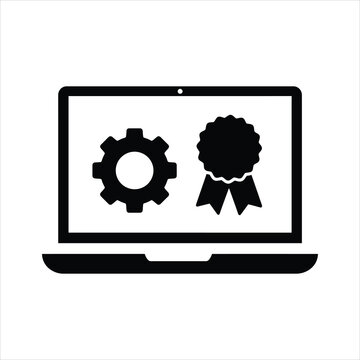 Black and white icon of a laptop displaying a gear and a ribbon award, symbolizing technology, achievement, and quality.