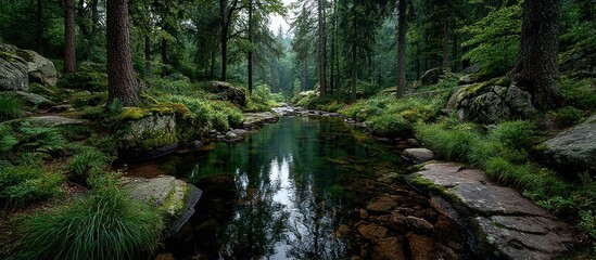 A serene forest scene with a calm stream reflecting the trees above