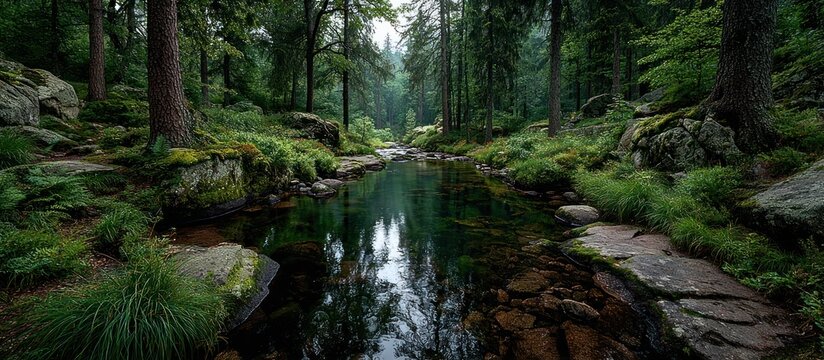 A serene forest scene with a calm stream reflecting the trees above