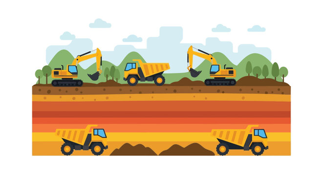 Construction site with excavators dump trucks and layered earth formations
