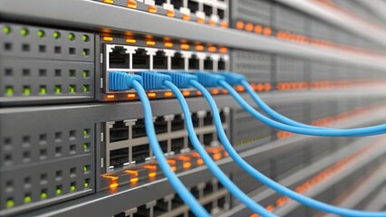 Naklejka premium Data Breach Investigation Network switch with multiple blue Ethernet cables plugged in, showing connectivity and data exchange indicators.