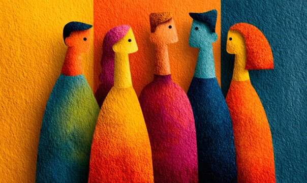 Abstract illustration showing stylized, colorful people figures connecting, representing diversity, community, inclusion, and teamwork